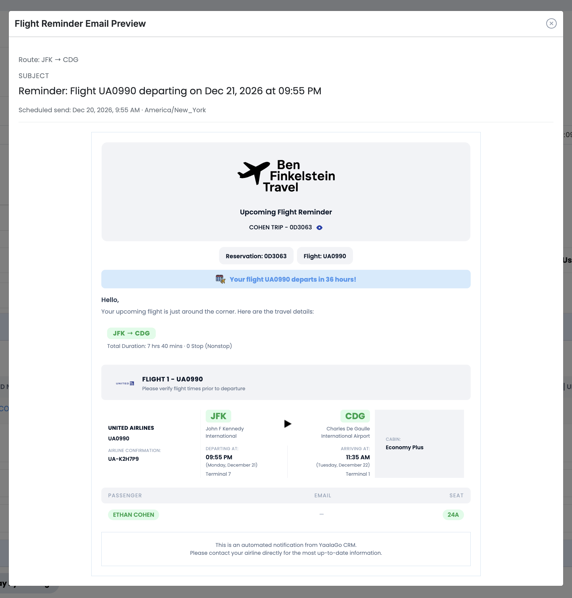 Branded pre-journey reminder email — agency logo, trip details, flight info, sent 36 hours before departure